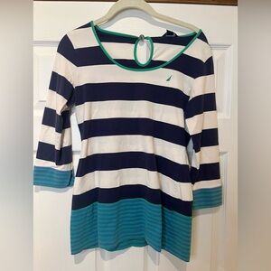 Small Nautica Navy and White Striped Top with Green Trim